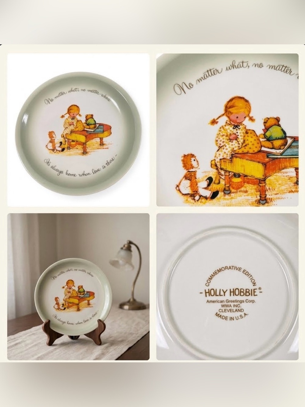 Holly Hobbie collector's edition plate girl playing a piano with a teddy bear